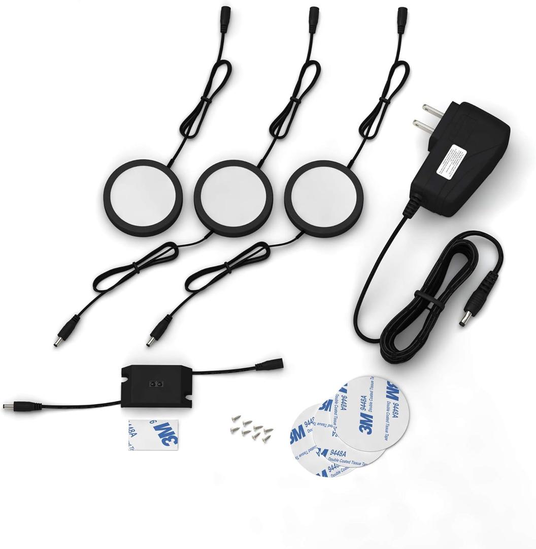 EShine Black Matte Under Cabinet Puck Lights with Hand Wave Sensor  Circular LED Cabinet Lights  Dimmable  Pack of 3, Cool White (6000K)