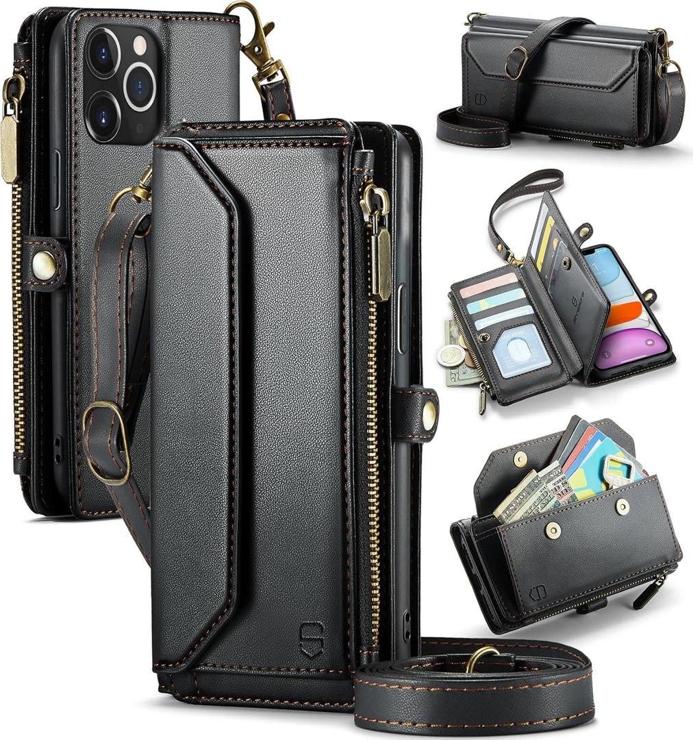 Strapurs Wallet Case Compatible with iPhone 11 Pro Max RFID Blocking 10-Card Holder Soft PU Leather Magnetic Snap Shoulder Strap Zipper Pocket Phone Case Fit for iPhone 11 Pro Max - Black