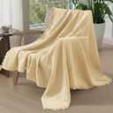 KyraHome 100% Organic Cotton Throw Blanket, 90"x90" Queen Muslin Blankets for Adults, Couch, Pre-Washed Breathable Lightweight Blanket, Coverlet, All Season (Shortbread/Creamy)