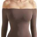 SUUKSESS Women Off the Shoulder Long Sleeve Bodysuit Double Lined Thong Bodysuit (Brown, M)