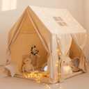 Kids Play Tent, Large Indoor Play House with Star Lights, Flags and Tote Bags, 52" x 47" Gift for Girls and Boys, Use for Reading Nook, Playroom, Sleepover Tent (Khaki-double Doors)