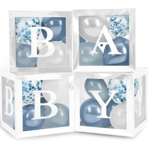 44-Piece Baby Shower Decorations for Boy or Girl - 4 Boxes with Letters and 32 Balloons - Dusty Blue and White (Boho Aesthetic) - Gender Reveal Party Supplies - Photo Shoot Backdrop