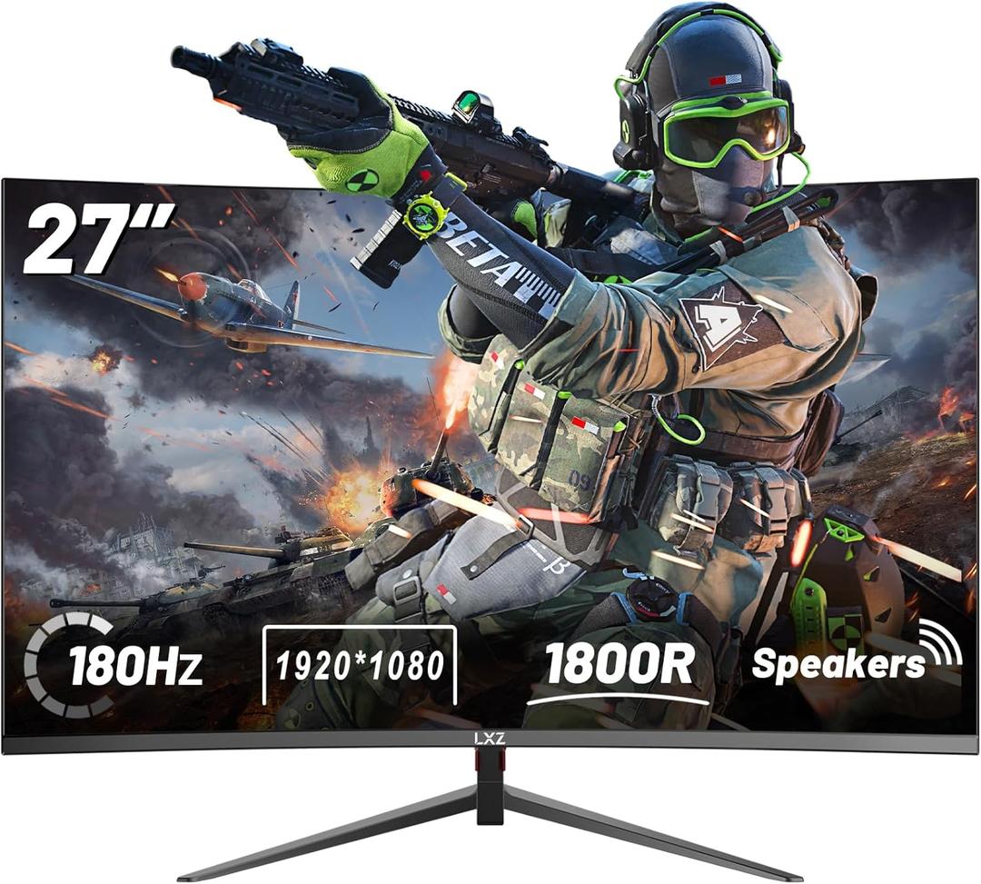 LXZ Curved Gaming Monitor 27 Inch PC Monitor 180hz, Full HD 1080P Frameless 1800R Gaming Display with FreeSync & Eye-Care Technology, DP, HDMI Port - Black
