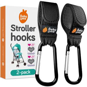 Baby Uma Stroller Hooks for Bags (2 Pack) - Universal Stroller Clips and Hooks, Non-Slip with One-Hand Opening, 11 lb Weight Capacity, Baby Travel Essential (Canvas Black)
