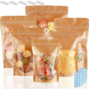 300 Pack Kraft Paper Bags with Clear Window 4x6 Reclosable Small Stand Up Mylar Bags for Food Storage Resealable Smell Proof Pouch, Edible Packaging, Reusable bags for Small Business