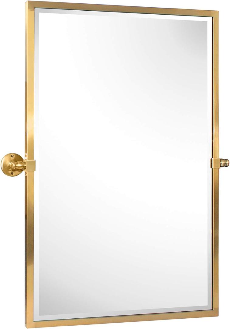 TEHOME Brushed Gold Metal Framed Pivot Rectangle Bathroom Mirror Tilting Beveled Vanity Mirrors for Wall, Overall 27.9 x 36 inches (Mirrror 24 x 36 inches)