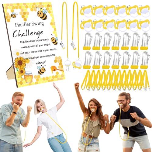 Geelin 12 Sets Swing Pacifier Baby Shower Games Funny Gender Reveal Games, Include 1 Wooden Sign and 12 Plastic Pacifiers for Bridal Baby Shower Gender Reveal Party Women Men(Bee,Yellow)