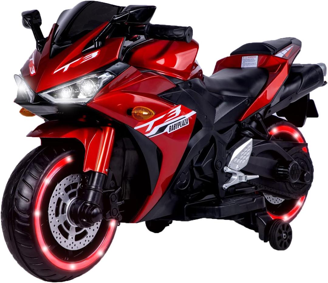 12V Kids Electric Motorcycle, Electric Motorcycle Ride On Toy w/Training Wheels, Spring Suspension, LED Lights, Sounds & Music, MP3, Battery Powered Dirt Bike for Boys & Girls (Red)