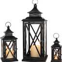 DECORKEY 3PCS (20&13&9) Lanterns Decorative Indoor & Outdoor, Vintage Metal Frame Candle Holders for Front Porch, Patio, Pathway, Balcony, Garden, Yard Decor, Halloween Christmas Decorations