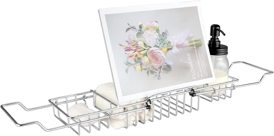 HOMEE Stainless Steel Shower Caddy Tray with Removable Book Holder, European Style Extendable Rectangular Bathroom Tray for Shower Bath Phone IPad Book Holder Candleholder Table Shelf - Silver (Sliver)