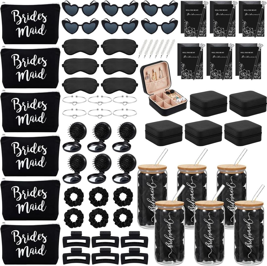 MotiMind 124 Pcs Bridesmaid Proposal Gifts Will You Be My Bridesmaid Gift Set of 6,16oz Glass Cup Jewelry Box Cosmetic Makeup Bag Invited Cards, Favors for Bridal Wedding Bachelorette Party (Black), about 1.57 inches