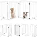 Metal Freestanding Dog Gate with Cat Door for Indoor/Outdoor,80" Extra Wide Foldable Pet Gate,32" Tall Foldable Indoor Dog Fence for Large Openings Stairs,Deck,Yard,Doorways(4 Panels,White)