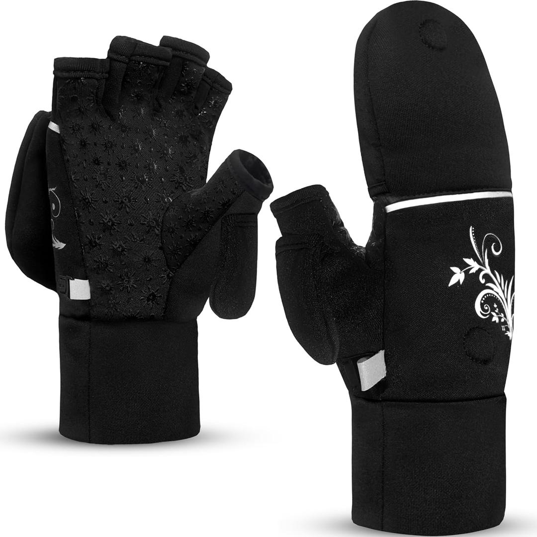 EZPACE Convertible Running Mittens for Women Cold Weather Fingerless Gloves Warm for Winter (Medium-Large, Black)