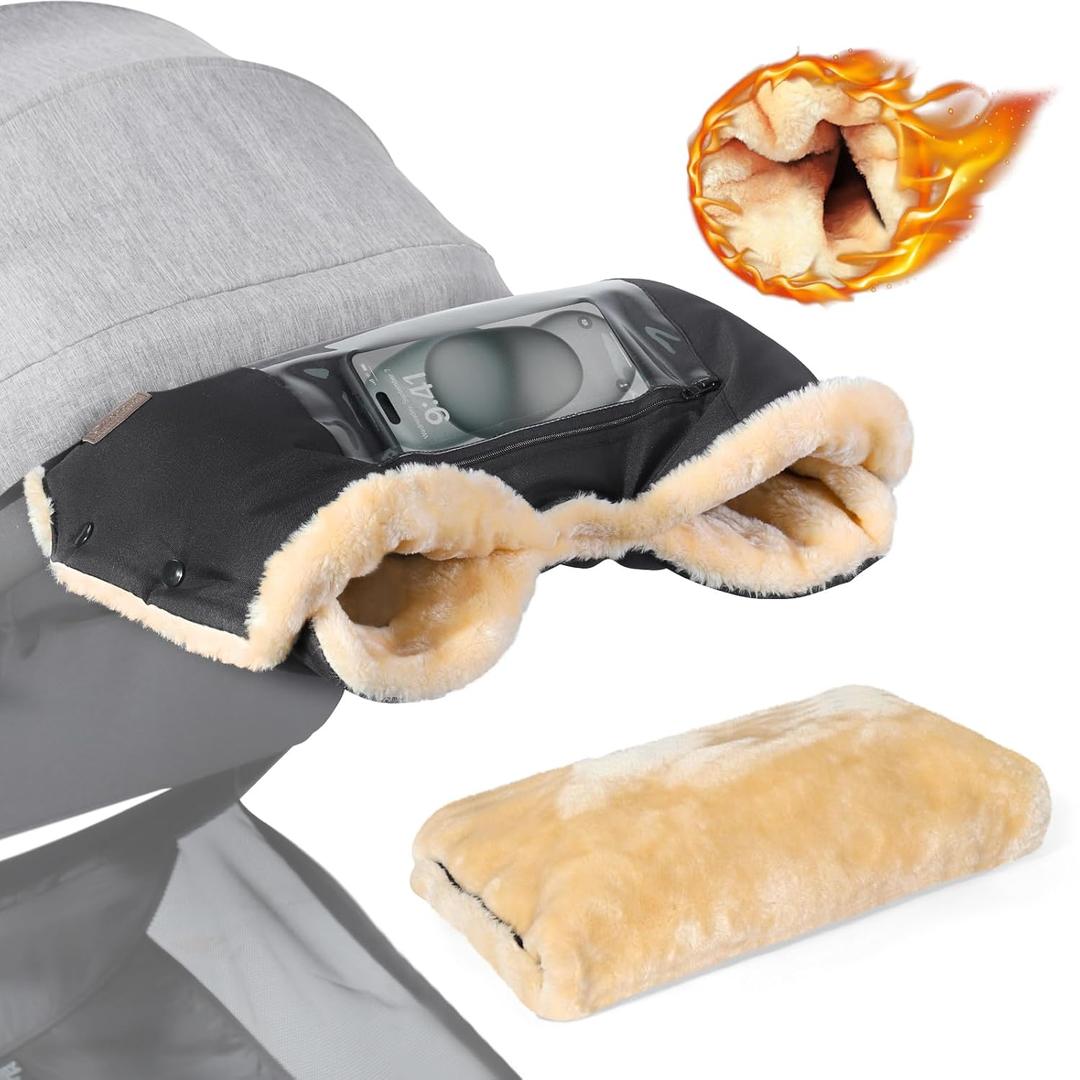 Orzbow Faux Sheepskin Gloves for Stroller with Phone Pockets, Winter Extra Thick Mittens for Baby Stroller, Cozy & Warm, Anti-freeze Hand Muff Easily Attaches to Stroller for Parents Caregivers, Black
