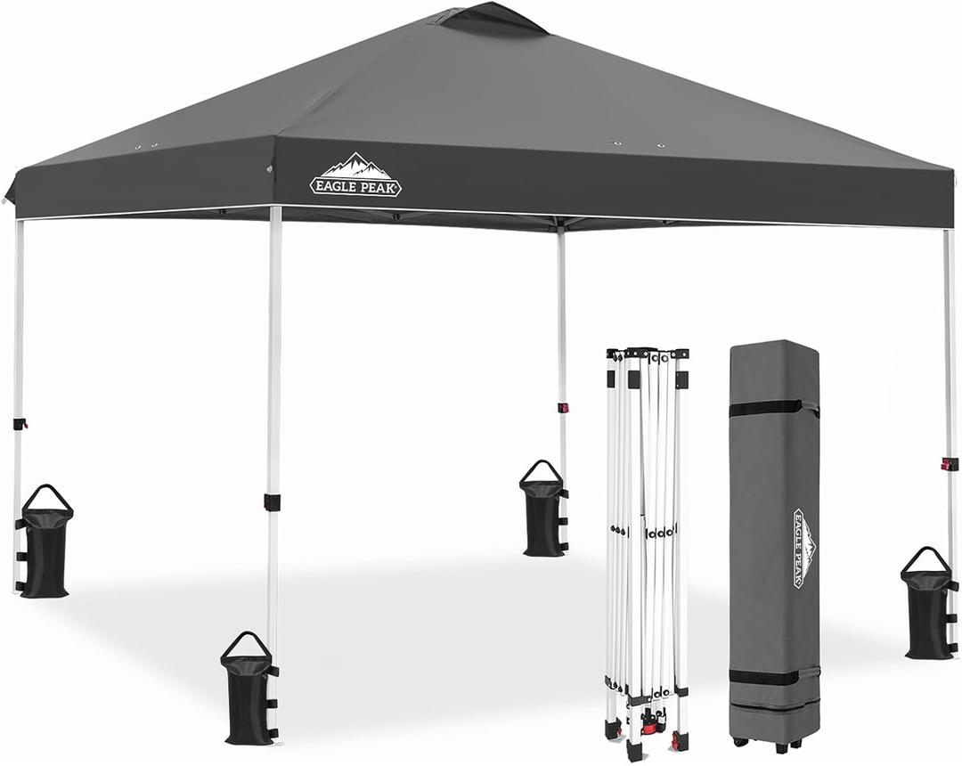 EAGLE PEAK Pop Up Canopy Tent with Wheeled Carry Bag, 8 Stakes, 4 Ropes, 4 Weight Bags, Easy Set Up Tent Canopy, 10x10 ft, 100sqft of Shade, Gray