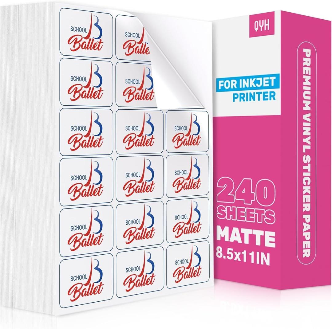 QYH Printable Sticker Paper for Printer, 240 Sheets 8.5x11 - White Matte Vinyl, Compatible with Inkjet/Laser & Cricut - Waterproof Vinyl Labels for Crafts, Kitchen, Classroom, Office & Small Business