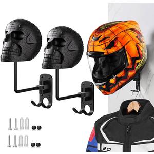 2 Pack Metal Skull Helmet Rack Wall Mount, Motorcycle Helmet Holder 180 Rotation Wall Mount Mount with 2 Hooks for Motorcycle Bike Baseball Rugby Black