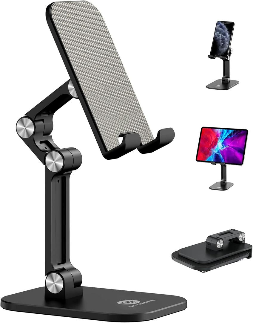Phone Stand, Adjustable Height and Angle Foldable Cell Phone Stand Holder for Desk, Taller iPhone Stand Compatible with 4.7"-13" Smartphones iPad Tablet, Black