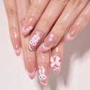 Easter Pink Cute Bunny Teens Press On Nails Medium Almond Fake Nails for Girls With 3D Flower Bow Tie. French Tip Acrylic False Nails, Salon-Quality Reusable Nails for Women(No Glue Included)