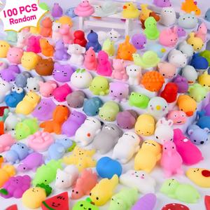 100PCS Kawaii Squishies, Mochi Squishy Toys for Kids Party Favors, Mini Stress Relief Squishy Fidget Toys for Classroom Prizes for Kids Party Favors Goodie Bags Stuffers with Storage Bag, Animal Fruit