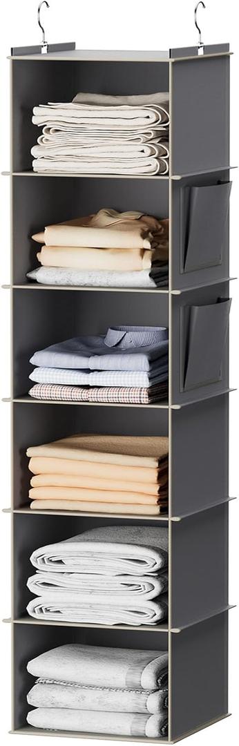 Hanging Closet Organize and Shelves, 6-Hanging Shelf with 2 Side Pockets，Storage Foldable (Grey)