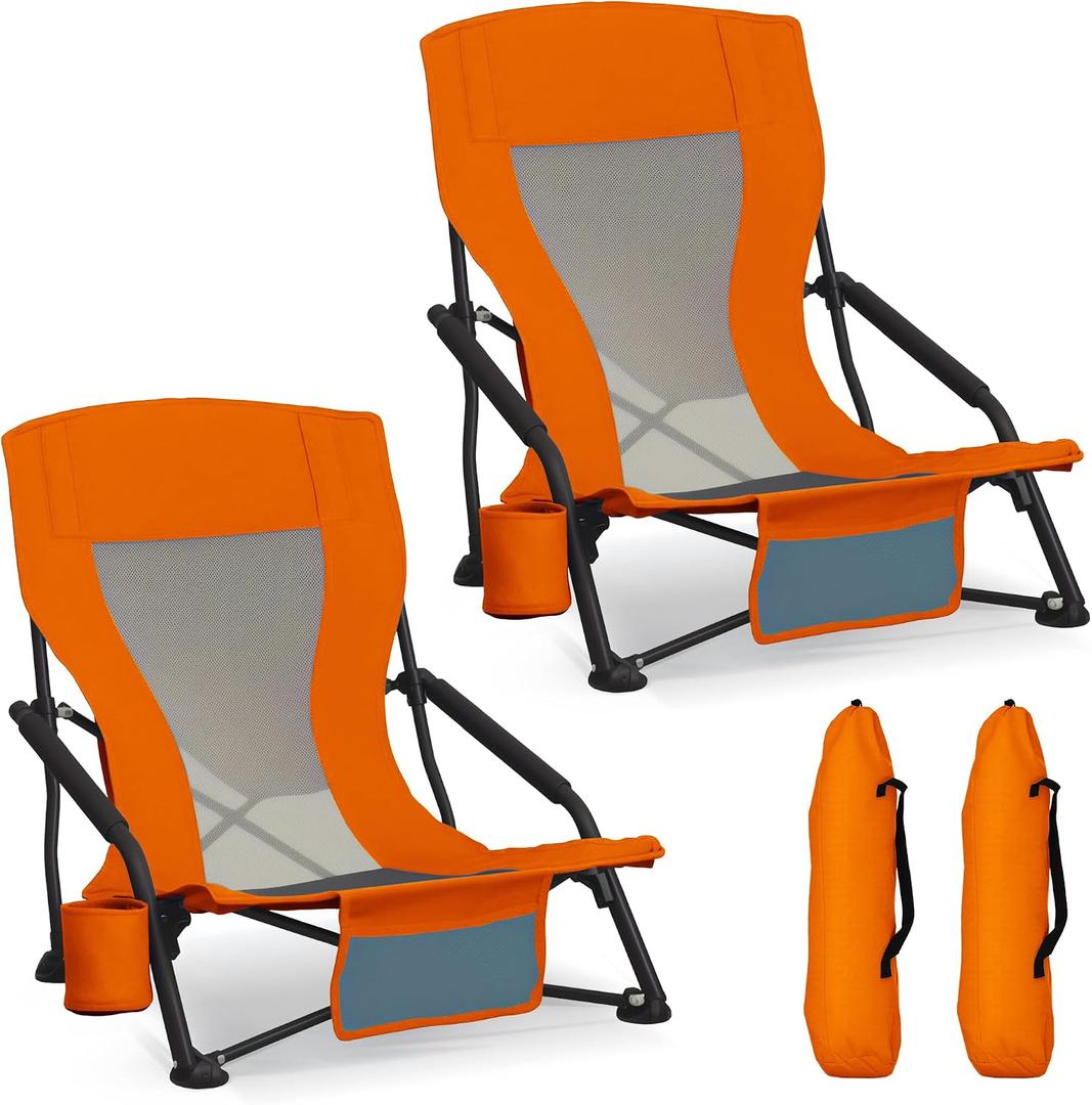 Portable Folding Beach Chair for Adults - Lightweight Low Back Sling Chair with Cup Holder & Storage Pocket, 300lbs Capacity Camping Chair for Outdoor, Lawn (Bright Orange, 2 pcs)