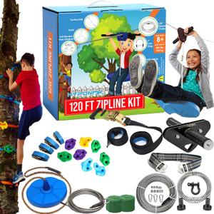Zip Line Kit for Kids and Adults, 100/120/150/200ft, Up to 350 Lbs, Removable Trolley, Rustproof Stainless Steel, Quick Setup with Ratchet, Safety Harness, Backyard Adventure Fun W/Climbing Holds