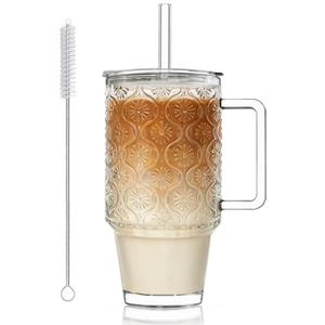 KEMORELA 24 Oz Ribbed Glass Tumblers with Lids and Straws, Tumbler Cup with Handle, Iced Coffee Glassware, Clear Reusable Drinkware for Smoothies and Beverages
