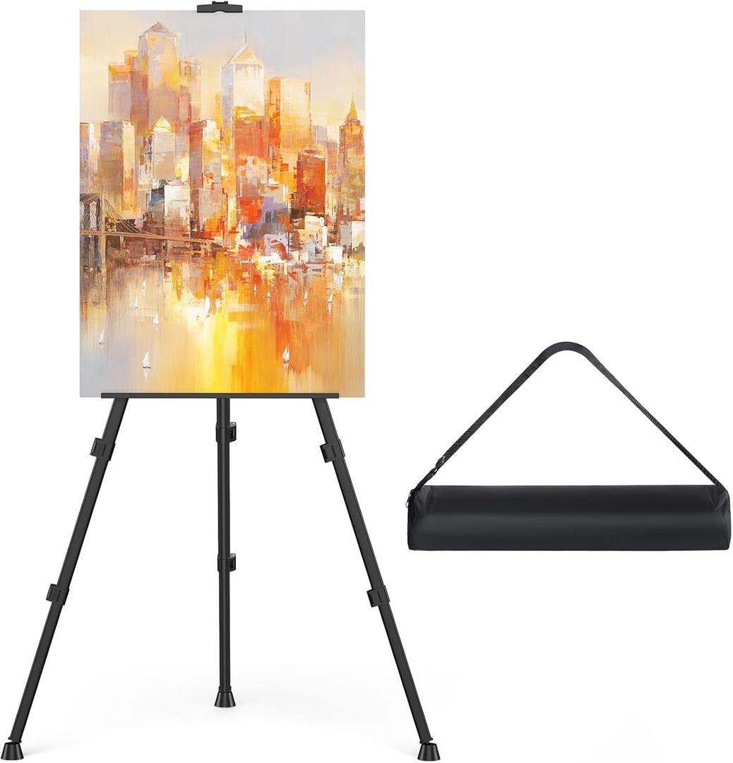 Art Painting Tripod Easel Stand - Portable Adjustable Display Artist Metal Easel with 1 Bag for Tabletop/Floor Painting, Height from 17 to 66 inches, Sturdy for Drawing, Displaying - Black