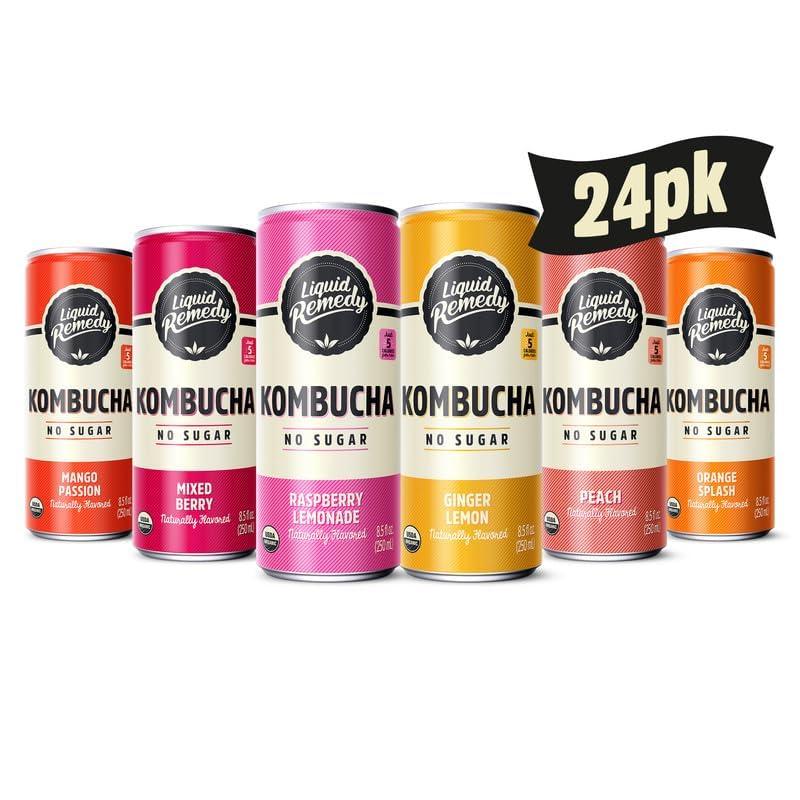 Liquid Remedy Kombucha Sugar Free Organic Drink, Low Calorie, Probiotic Like Tea for Gut Health - Super Sampler Variety Pack - 8.5 Fl Oz Can, 24-Pack BBD: 10-23-26