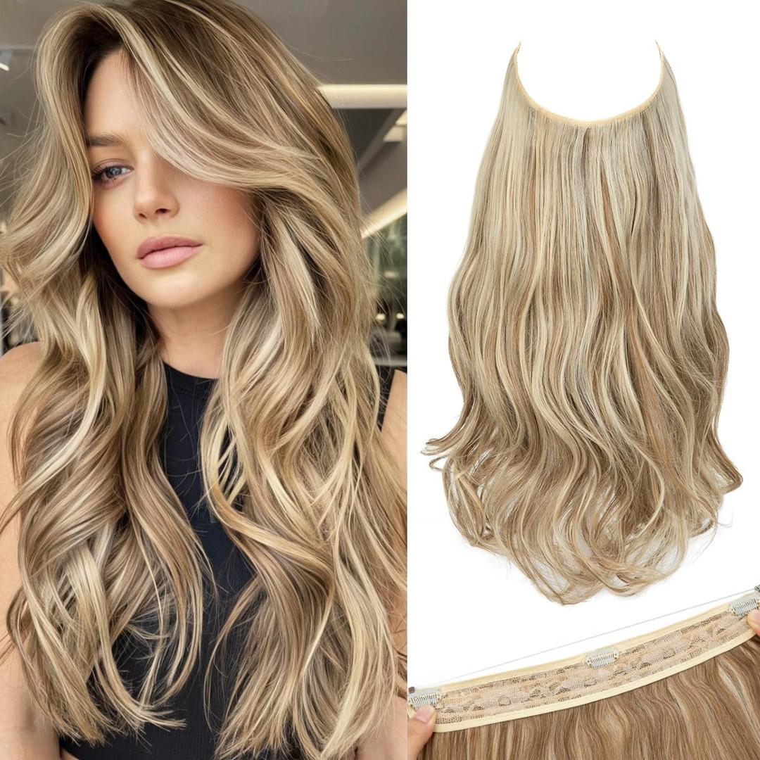 SARLA Invisible Wire Hair Extensions with 3 Clips Long Wavy Curly Synthetic Hairpiece for Women Adjustable Transparent Headband 18 Inch Bahama Beige