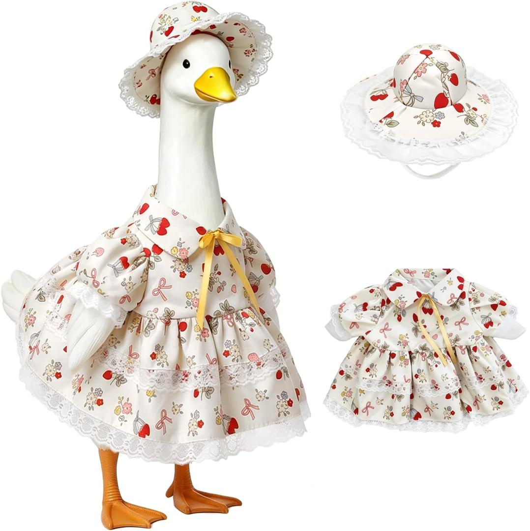 Porch Goose Raincoat Outfits, Summer Spring Lawn Yard Goose Statue Clothes Costume for 23" Lawn Outdoor Garden Yard Patio Geese Statue Decoration with Raincoat Umbrella Hat (Strawberry Flower)