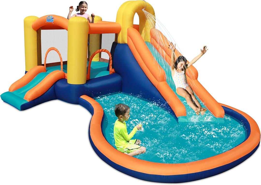 Action Air Water Slide - Inflatable Bounce House with Blower for Indoor & Outdoor - Jump Bouncy Castle with Slide - Big Bouncy Area, Big Pool, Love for Kids, Large