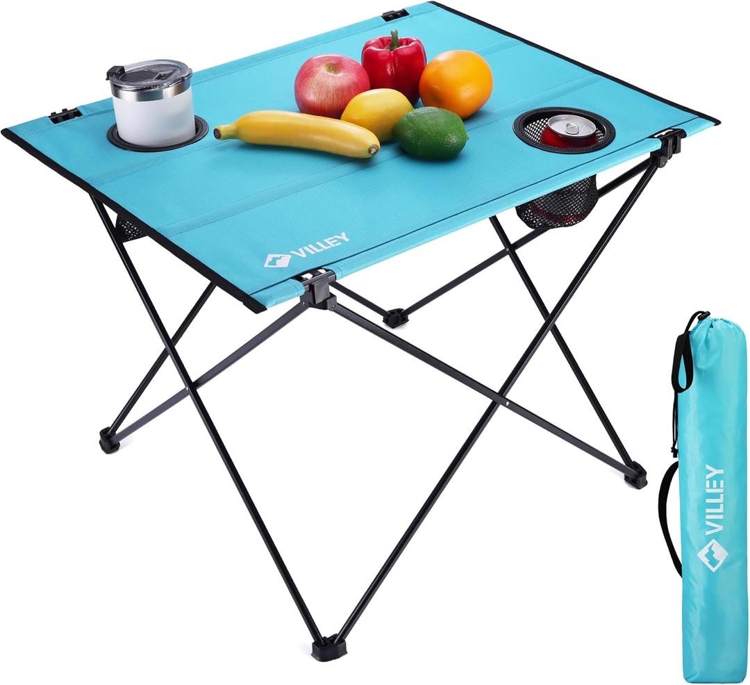 VILLEY Folding Camping Table with 2 Cup Holders & Carry Bag, Lightweight Portable Beach Table for Camping, Beach, Fishing, Travel, Outdoor Activities(Large)