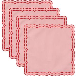 Scalloped Embroidery Cloth Napkins Set of 4 14"X14" Cotton Napkins for Potluck Party Wedding Table Decor (Square Pink with Red)