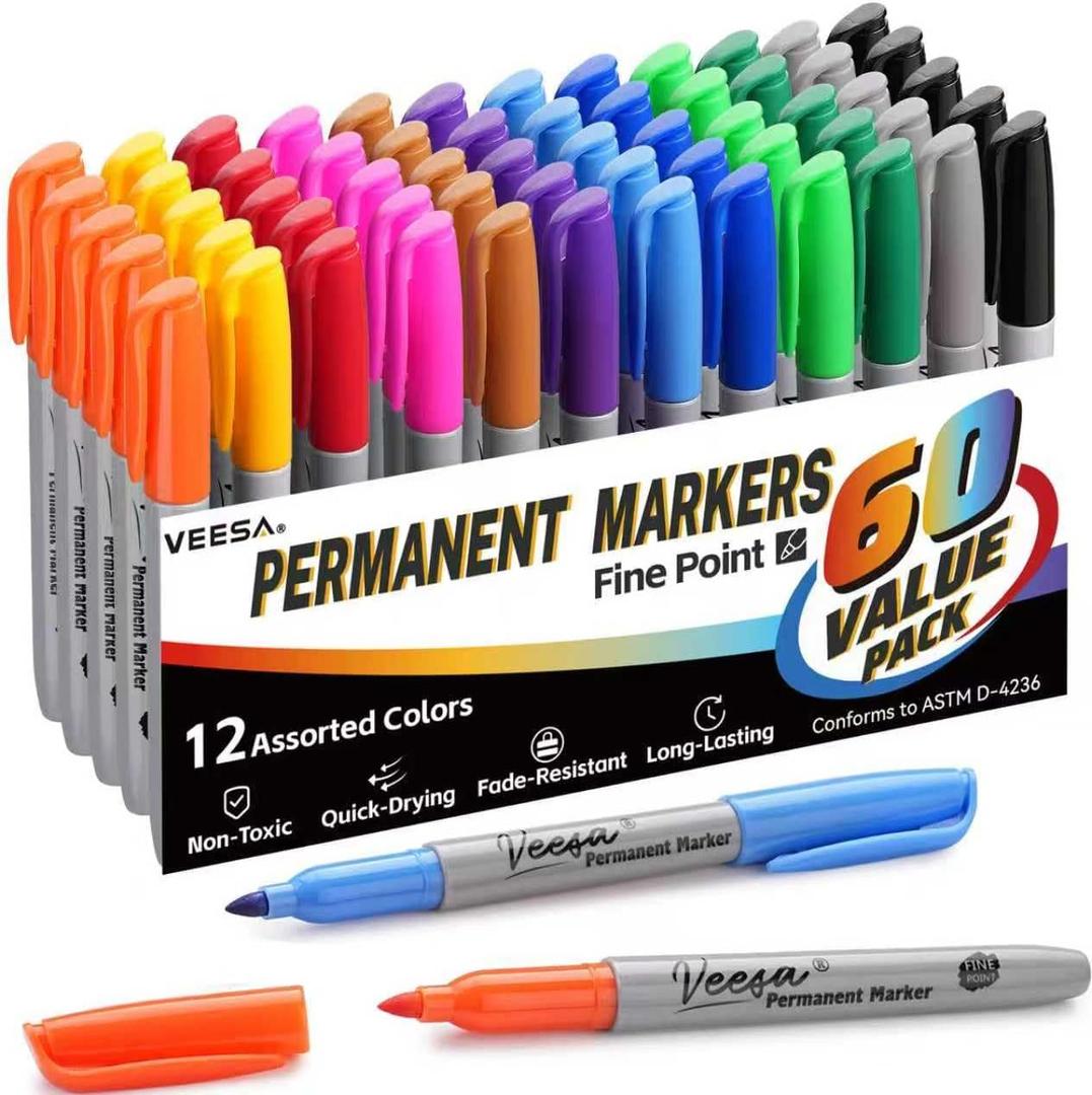 VEESA 12 Color Colored Permanent Markers Bulk of 60 Pack, Fine Tip, Fast Drying Smudge-Free, Water- & Fade-Resistant, for Office School Craft DIY, Marking on Wood Plastic Paper Metal