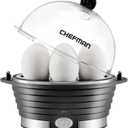 Chefman Egg-Maker Rapid Poacher, Food & Vegetable Steamer, Quickly Makes Up to 6, Hard, Medium or Soft Boiled, Poaching/Omelet Tray Included, Ready Signal, BPA-Free, BLACK