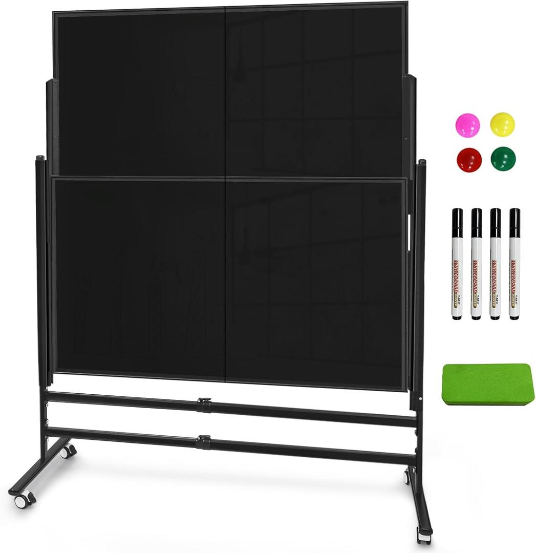 60x48 Inch Large Rolling Chalkboard | Height Adjustable Double-Sided Magnetic Blackboard on Wheels | for Classroom, Home & Office Use