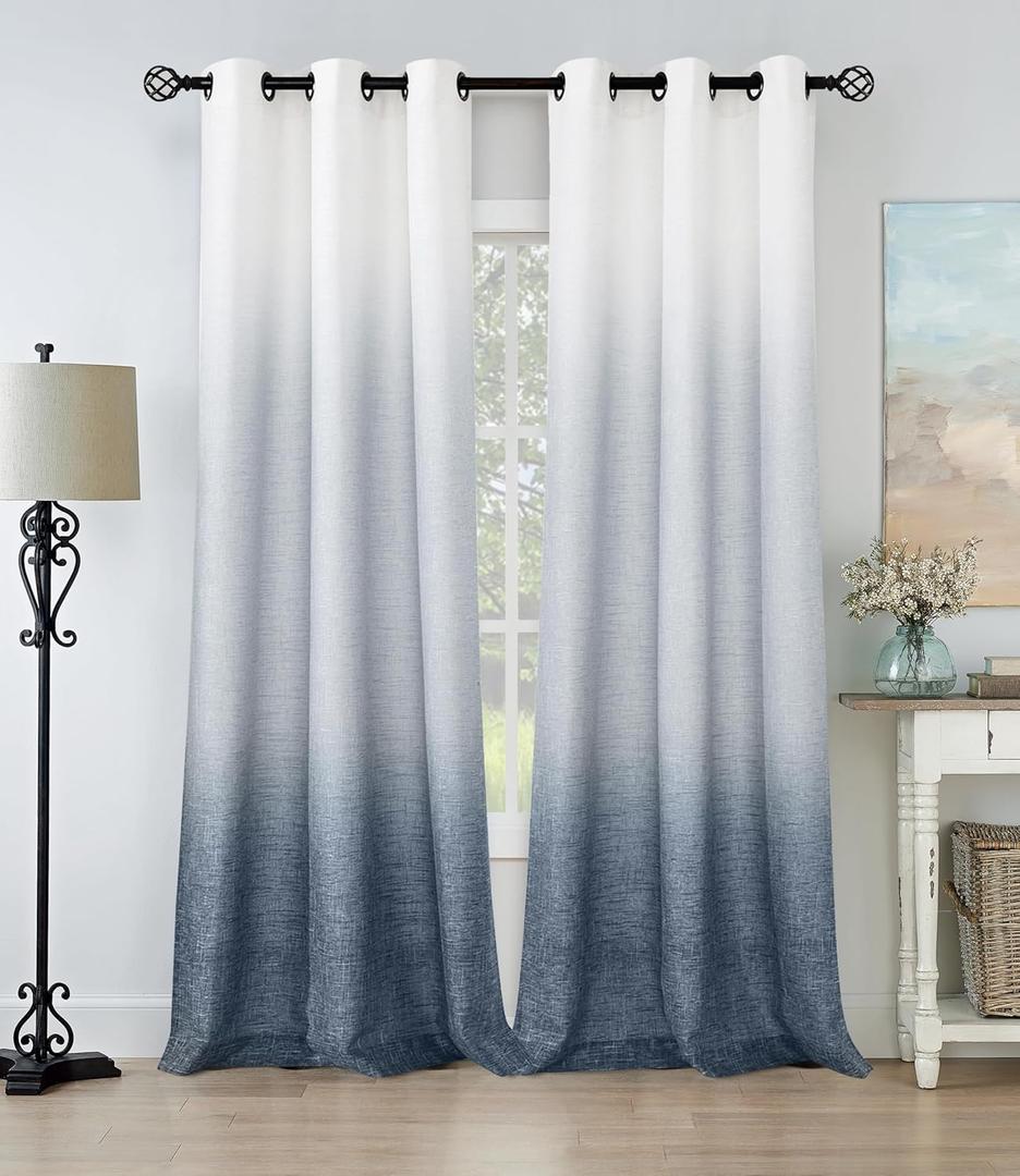 Central Park Ombre Rayon Blend Heavy Linen Texture Window Curtain Panel 6 Grommets Top Gradient Cream White to Indigo Blue Window Drapes Treatment for Living Room/Bedroom, Set of 2, 40" x 108" Each