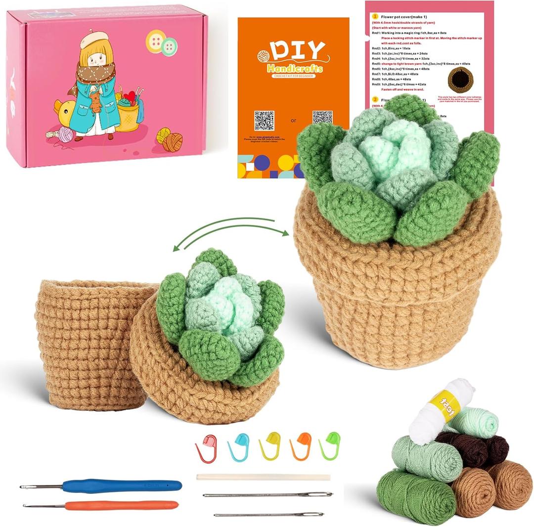 Finnacy Crochet Kit for Beginners Adults,Potted Succulent Plant Crochet Storage Box, All You Need in, Include Crochet Yarns, Hook, Step-by-Step Video, Instruction and Crochet Accessories