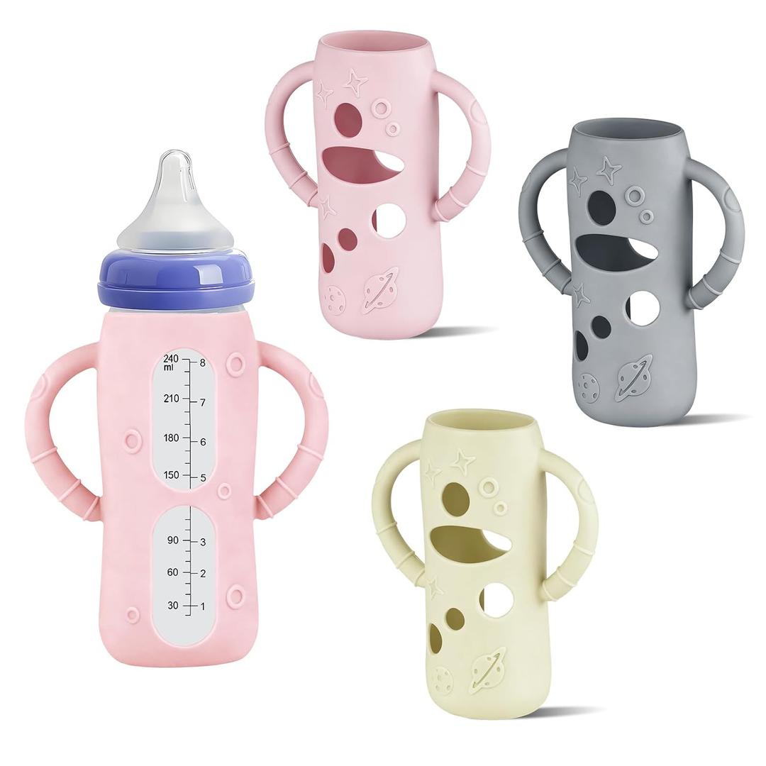 Lionpower 3 Pack Silicone Sleeves for Lansinoh Glass Bottles (Old Style) 8oz Protective Covers with Handle, Non-Slip Baby Bottle Holder, Compatible with Lansinoh Bottles (Grey+Pink+Beige(8OZ))