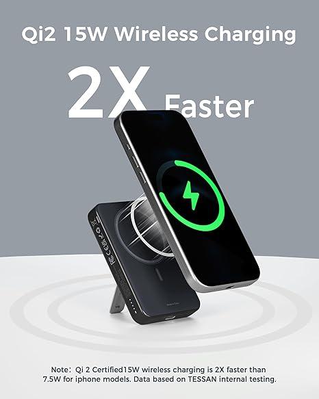 TESSAN Magnetic Portable Charger Travel Essentials, Qi2 Certified, 10,000mAh Wireless Power Bank Battery Pack PD22.5W for Magsafe Fast Charging, Compatible with iPhone 16/15/14/13, Samsung, AirPods