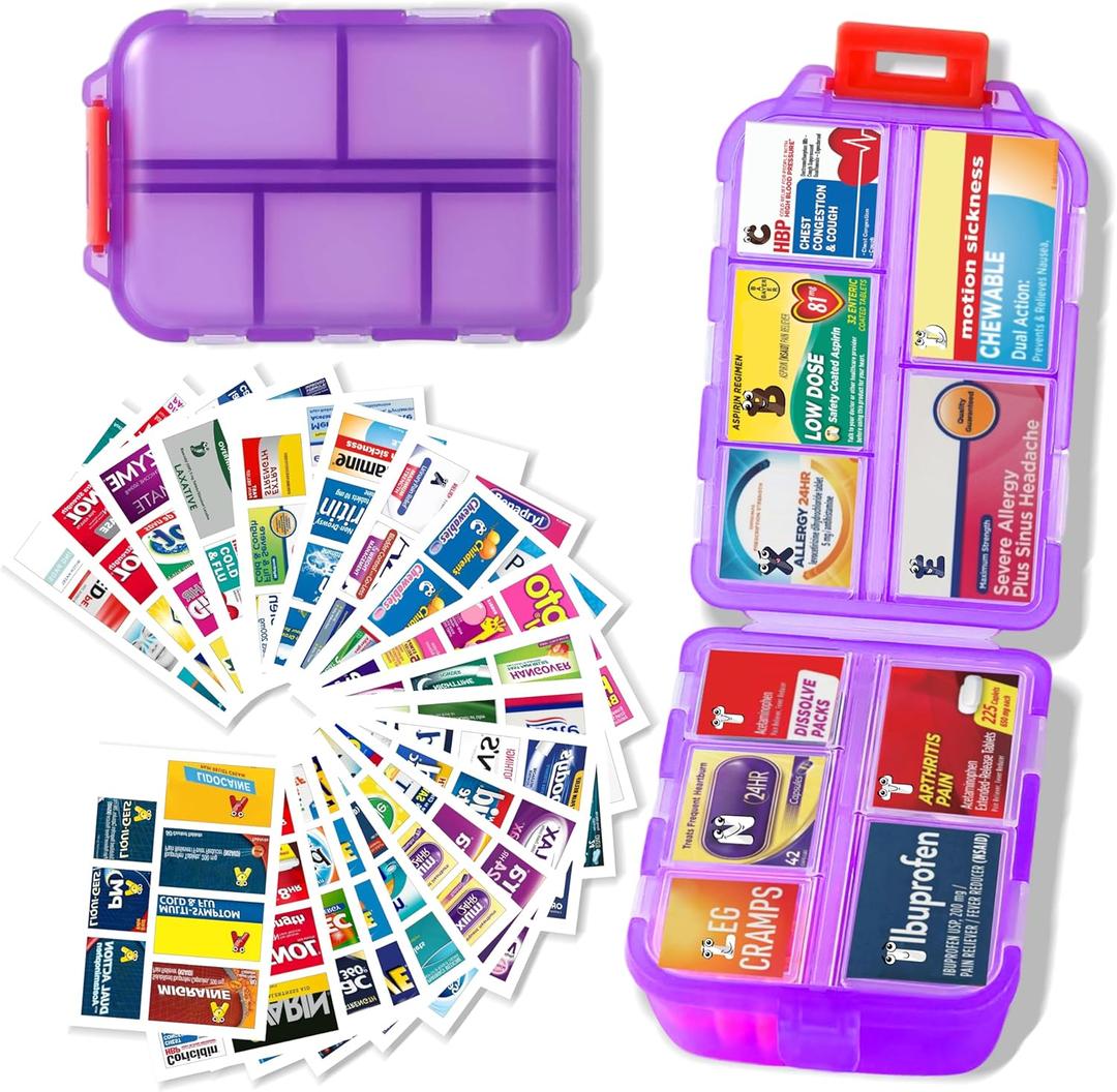 iouwei Large Pill Organizer with Medicine Labels - 7 Day Travel Daily Container, Mini Medication Storage Case (Purple, 161 Labels)