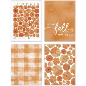 TLESKE Orange Fall Pumpkins Market Posters Prints Unframed Set of 4, Autumn Aesthetic Wall Art Prints for Dorm Bedroom Living Room, I Love Fall Most of All Pictures Wall Decor, 12x16 (16L" x 12W")