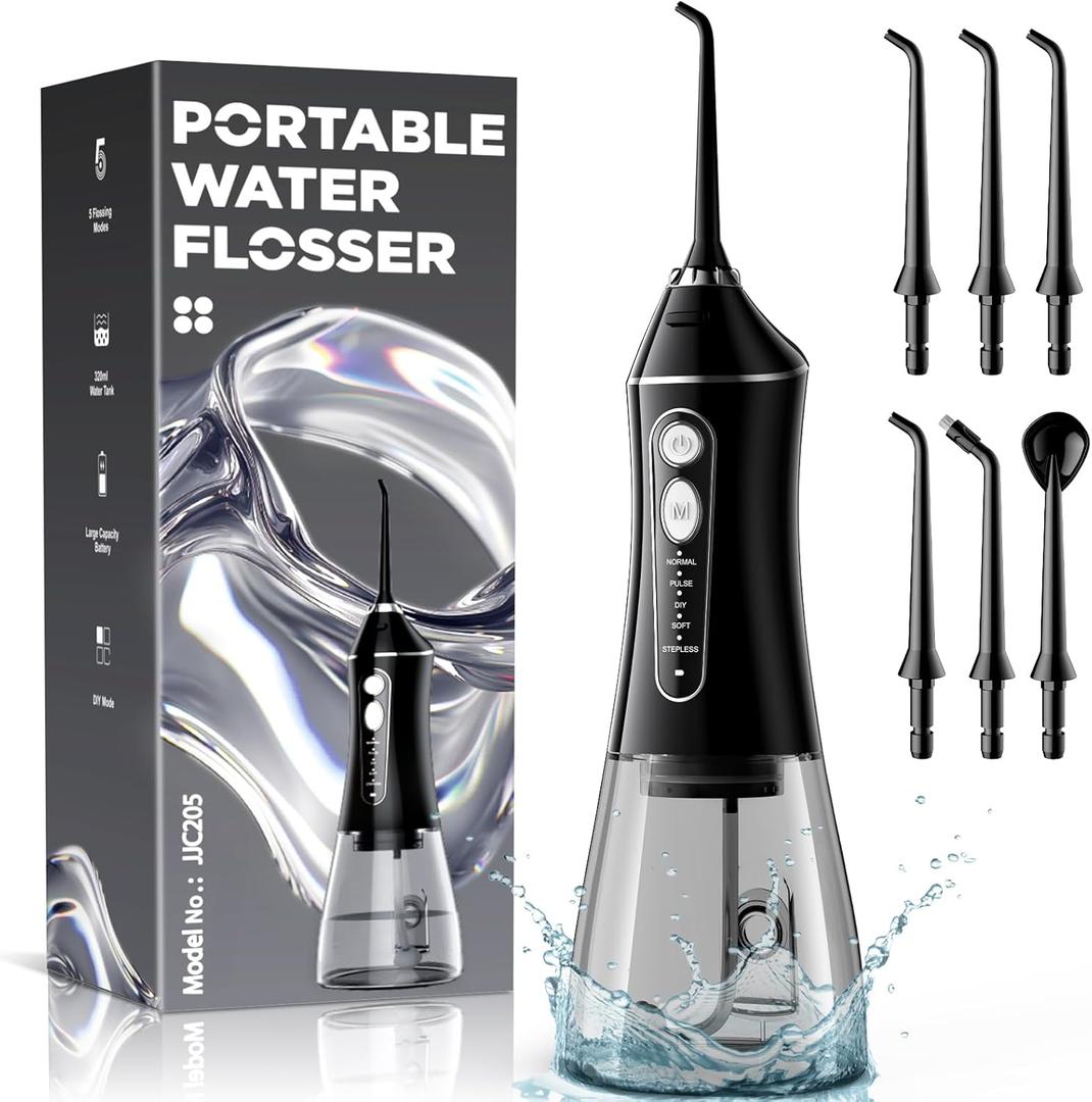 Water Flosser for Teeth Cleaning and Flossing, 5 Modes Rechargeable Cordless Oral Irrigator 320ml Water Tank Teeth Cleaner, IPX7 Waterproof Portable Electric Dentel Flossers for Home and Travel,Black