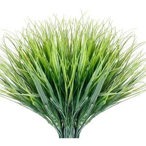 12 Bundles Artificial Grasses Outdoor UV Resistant Fake Grass No Fade Faux Plastic Plants Garden Window Box Decorating(Green Grass)