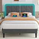 VECELO Upholstered Queen Bed Frame with Headboard Adjustable, Velvet Platform Bed with LED Lights/Charging Station, Mattress Foundation with Wooden Slats, No Box Spring Needed, Elegant Grey