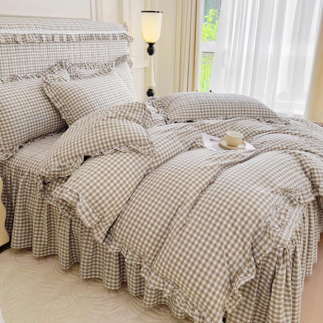 mixinni Vintage Ruffle Tan Gingham Comforter Set 3-Piece Washed Cotton Queen Beige Grid Bedding Set with Taupe Geometric Checkered Pattern, Farmhouse Chic Soft Fluffy Comforter for All-Season