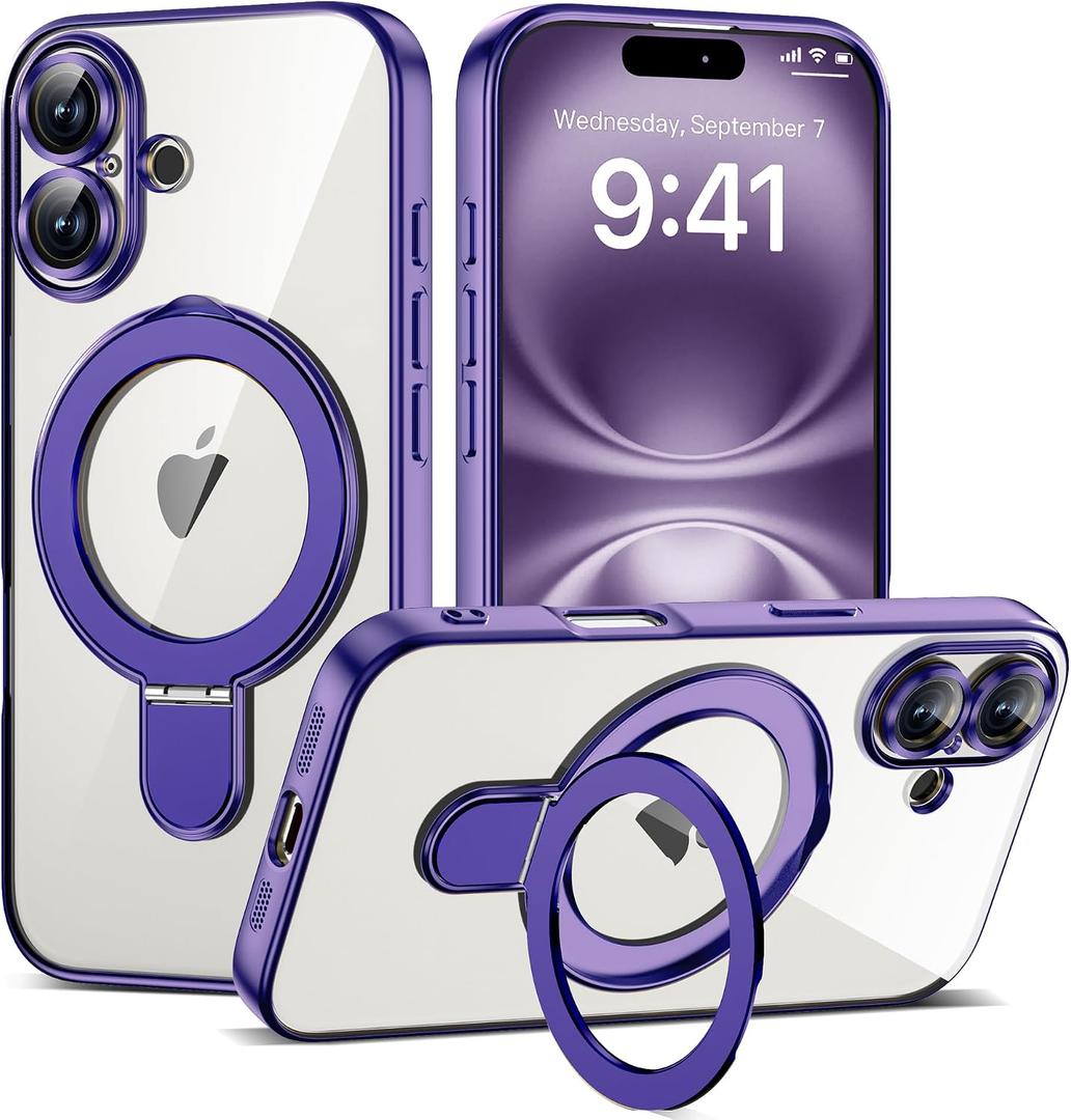Plating Clear Phone Case for iPhone 16 with Stand 6.1",A-Purple