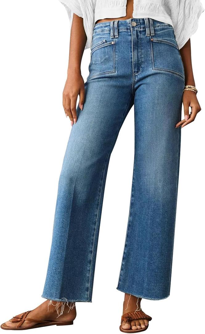 KUNMI Jeans for Women Wide Leg Baggy High Waist Boyfriends Straight Leg Stretchy Denim Pants Trendy Fall 2025 (16, W005-blue)